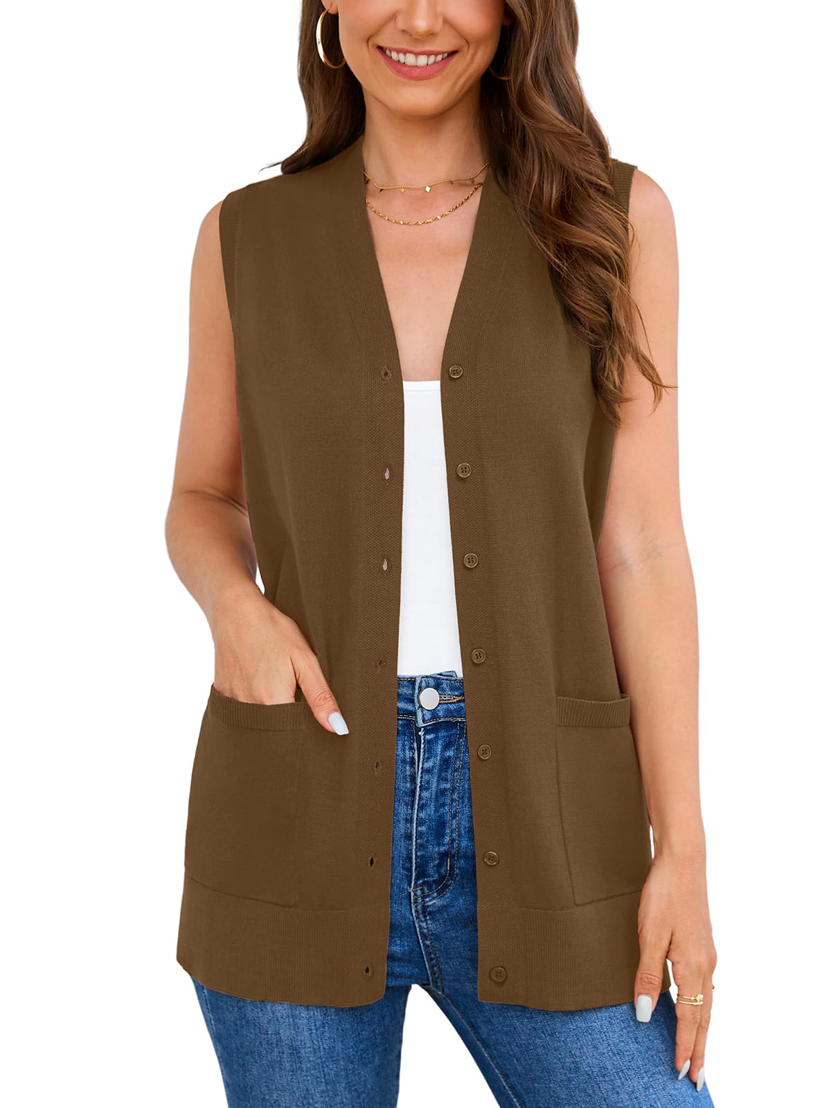 Veryoung Women's 2026 Sleeveless Button Down Cardigan Sweaters Fashion Casual Soft Knit Office Duster Vests with Cozy Pockets
