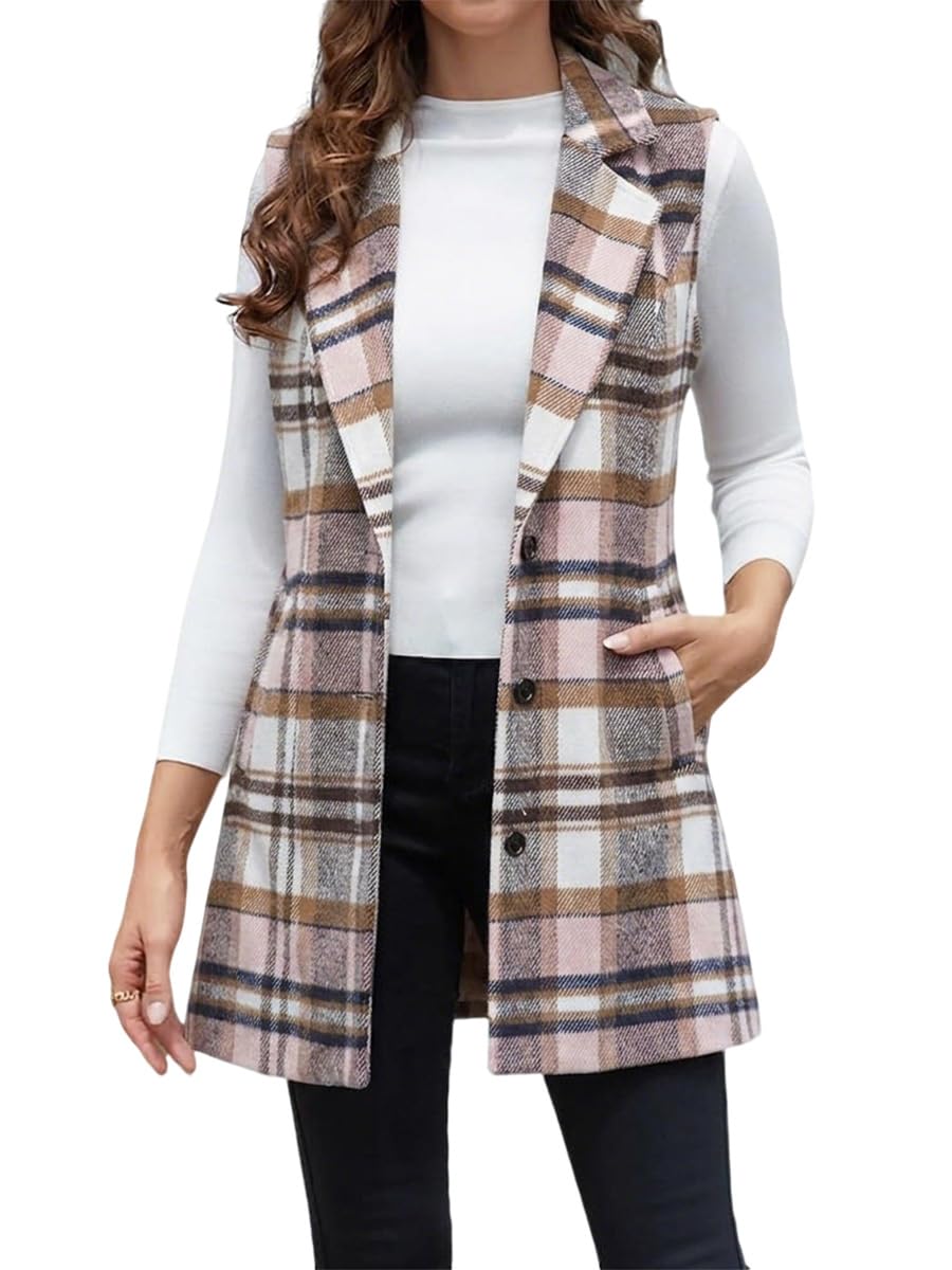 IDEALSANXUN Plaid Vest for Women Fall Winter Sleeveless Blazer Jackets