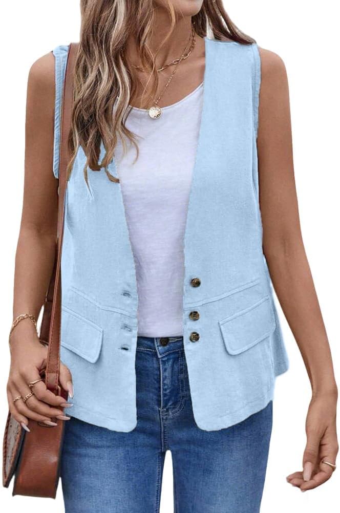 IDEALSANXUN Womens Cotton Linen Vest Casual Lightweight Button Down Sleeveless Jackets Tops