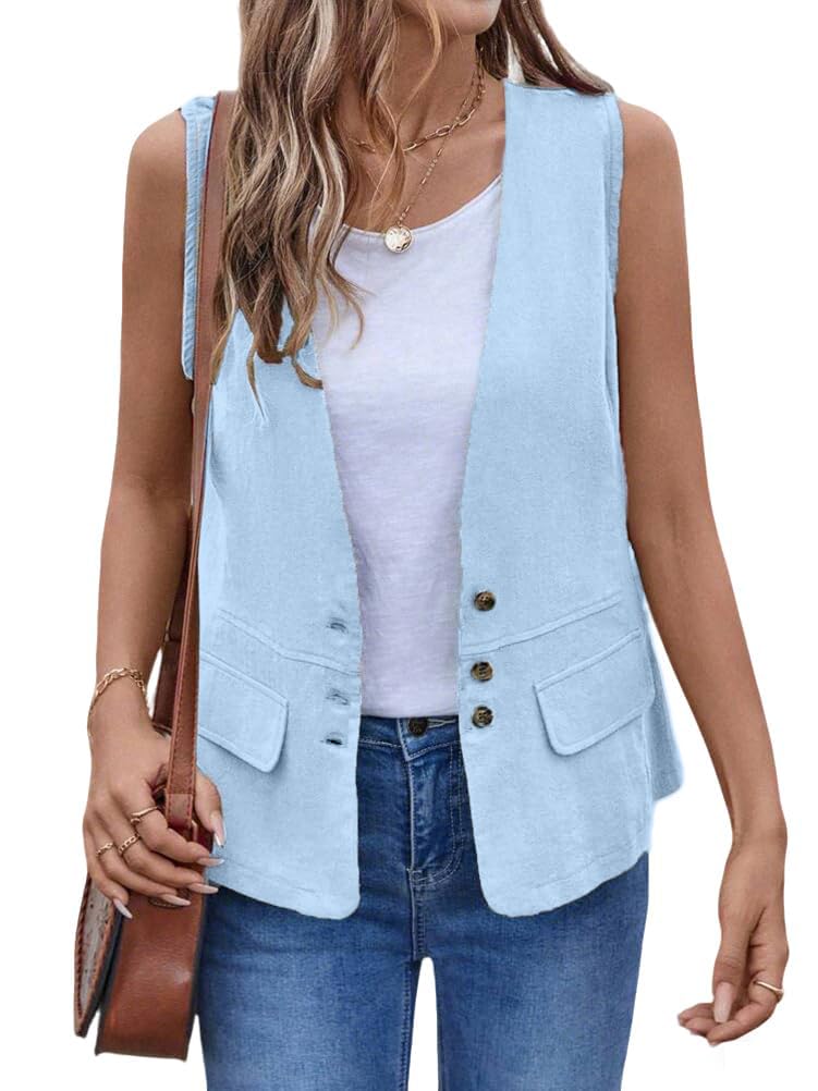 IDEALSANXUN Womens Cotton Linen Vest Casual Lightweight Button Down Sleeveless Jackets Tops