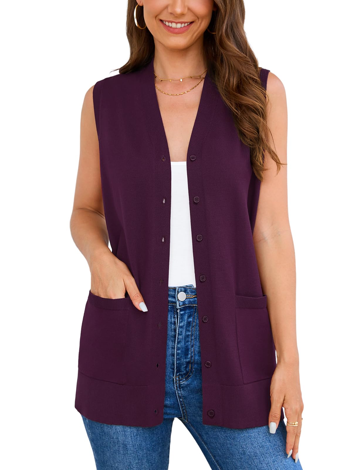 Veryoung Women's 2026 Sleeveless Button Down Cardigan Sweaters Fashion Casual Soft Knit Office Duster Vests with Cozy Pockets