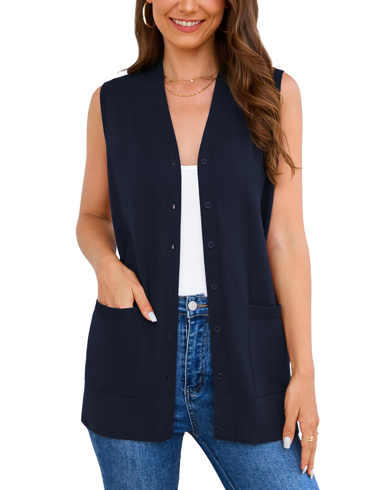 Veryoung Women's 2026 Sleeveless Button Down Cardigan Sweaters Fashion Casual Soft Knit Office Duster Vests with Cozy Pockets