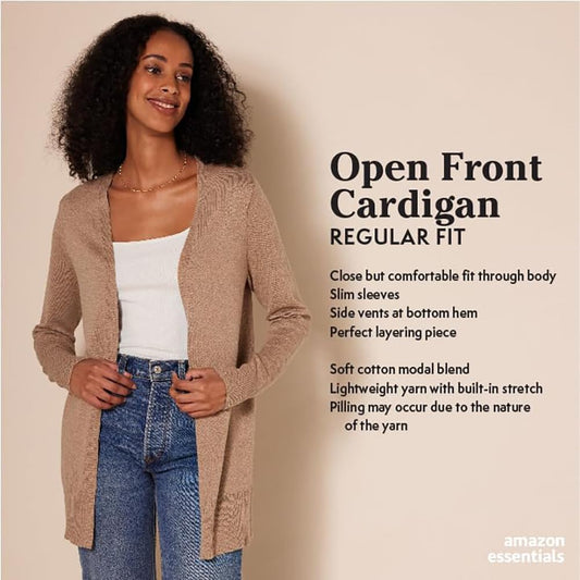 Amazon Essentials Women's Lightweight Long-Sleeve Open-Front Long Cardigan Sweater, Regular Fit