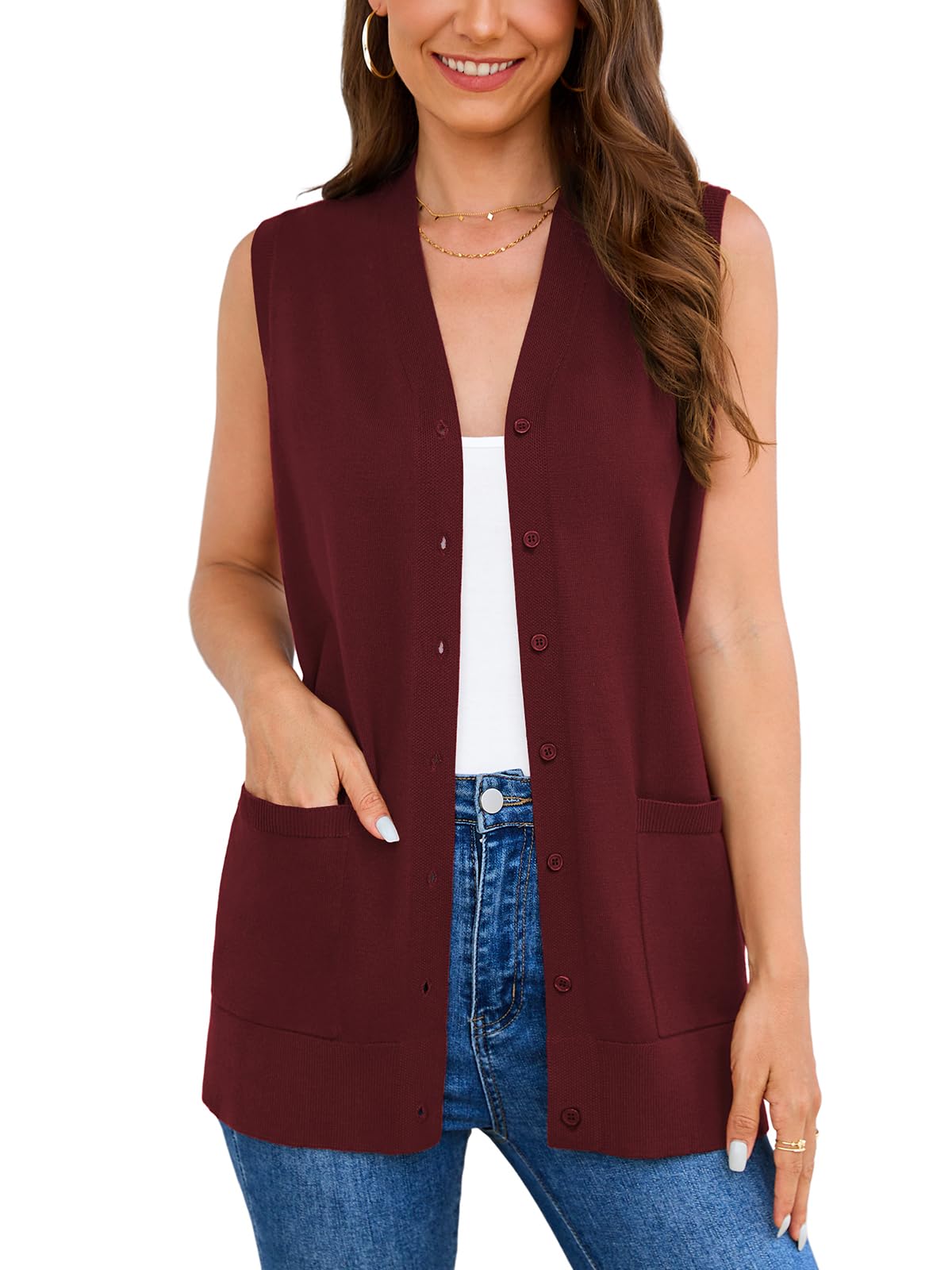 Veryoung Women's 2026 Sleeveless Button Down Cardigan Sweaters Fashion Casual Soft Knit Office Duster Vests with Cozy Pockets