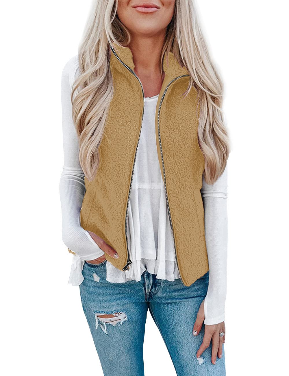 LOMON Womens Fuzzy Sherpa Fleece Jacket Lightweight Vest Cozy Sleeveless Cardigan Zipper Waistcoat Outerwear with Pocket