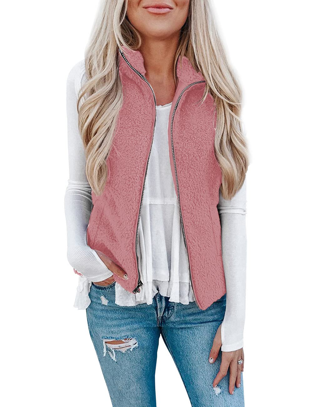 LOMON Womens Fuzzy Sherpa Fleece Jacket Lightweight Vest Cozy Sleeveless Cardigan Zipper Waistcoat Outerwear with Pocket