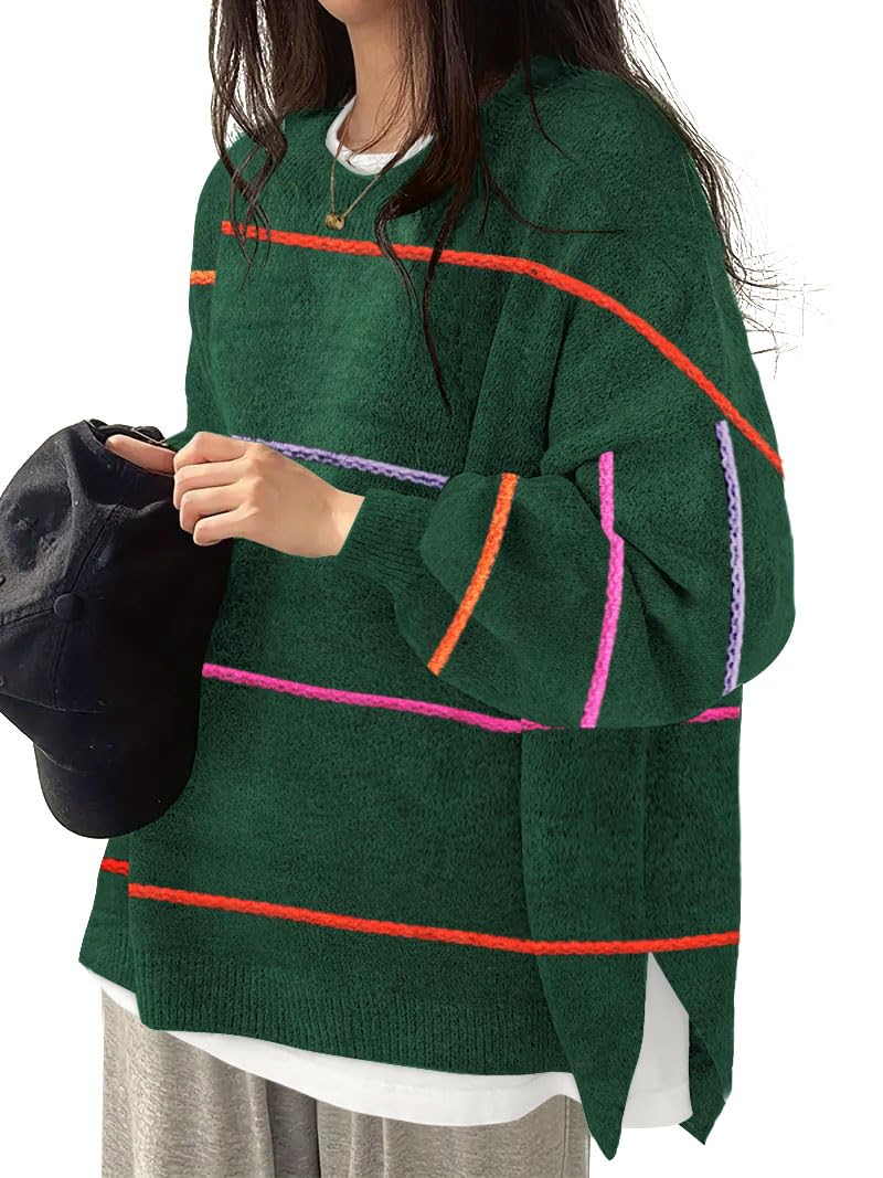 Womens Oversized Sweaters Fall Fashion Side Slit Ribbed Pullover Sweater