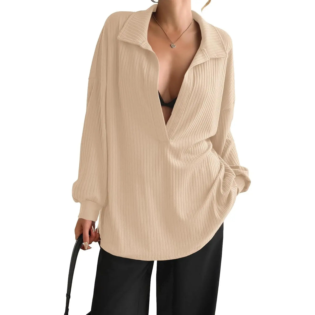 FISOEW Women's Knit Pullover Sweatshirt Oversized Deep V Neck Ribbed Long Sleeve Casual Lightweight Top for Women Knitwear Women's Clothes,back to school,back to school shopping Vneck Brown,sohochic