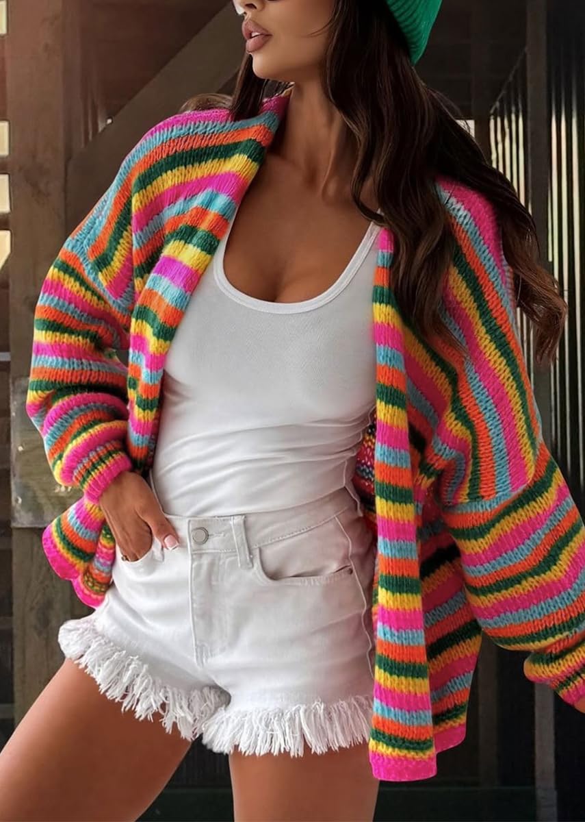 chouyatou Women's Fall Contrast Color Striped Cardigan Sweater Open Front Chunky Knit Cardigan Jacket