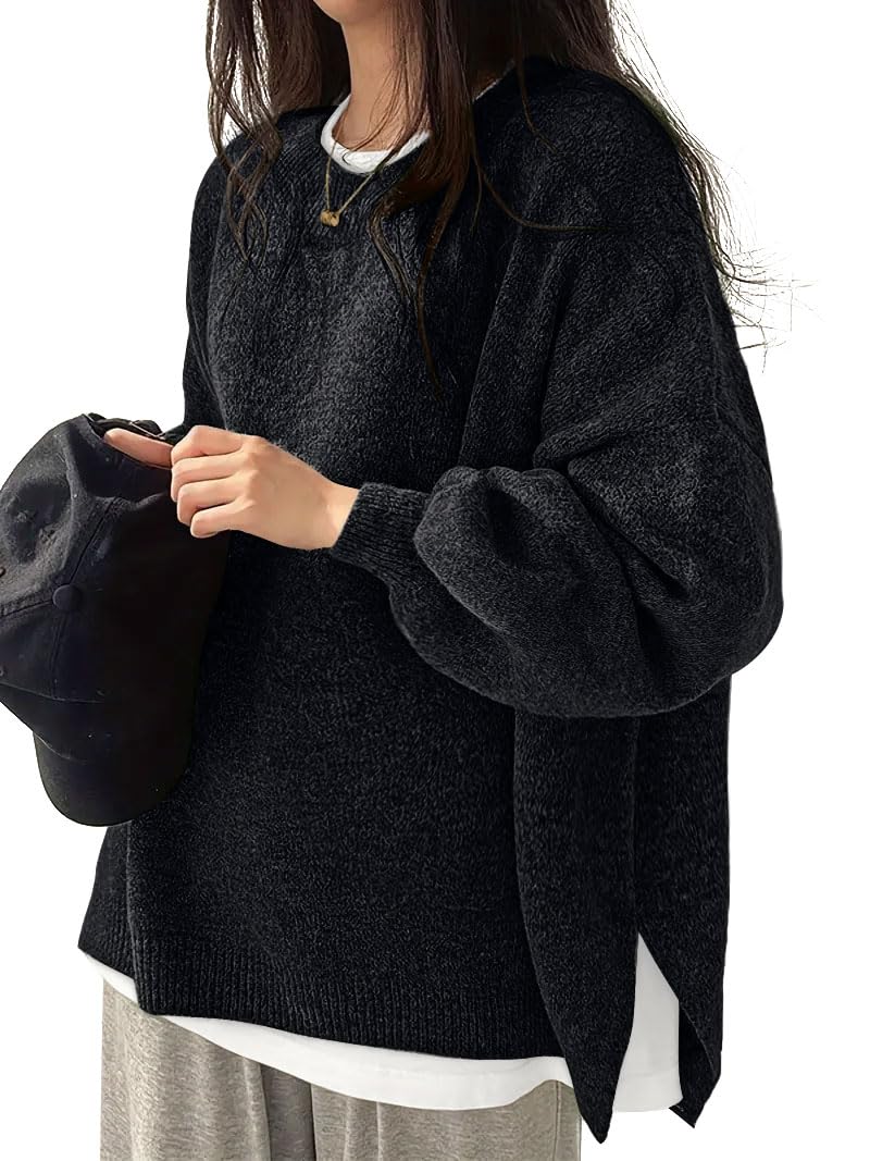 Womens Oversized Sweaters Fall Fashion Side Slit Ribbed Pullover Sweater