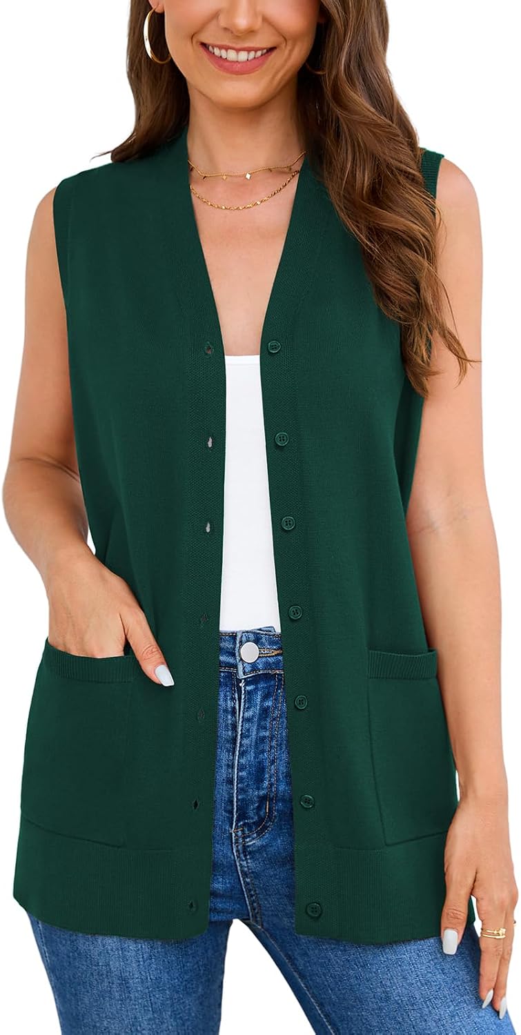 Veryoung Women's 2026 Sleeveless Button Down Cardigan Sweaters Fashion Casual Soft Knit Office Duster Vests with Cozy Pockets