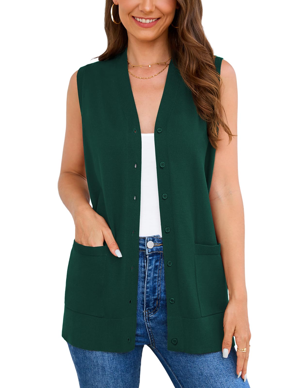 Veryoung Women's 2026 Sleeveless Button Down Cardigan Sweaters Fashion Casual Soft Knit Office Duster Vests with Cozy Pockets