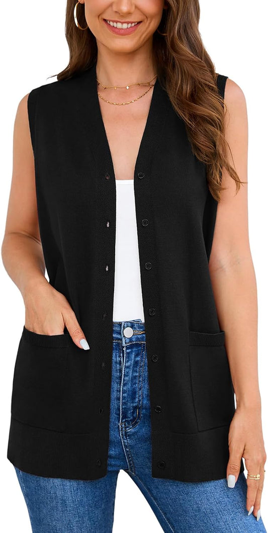 Veryoung Women's 2026 Sleeveless Button Down Cardigan Sweaters Fashion Casual Soft Knit Office Duster Vests with Cozy Pockets