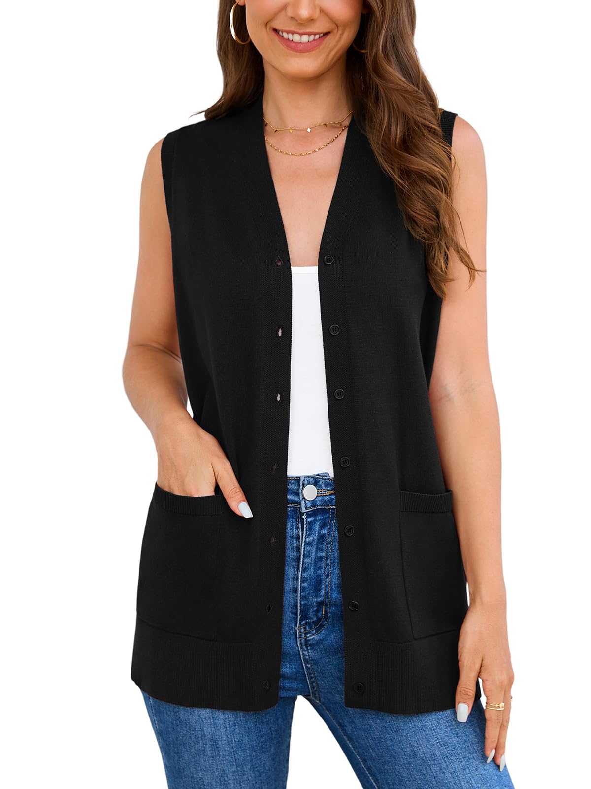 Veryoung Women's 2026 Sleeveless Button Down Cardigan Sweaters Fashion Casual Soft Knit Office Duster Vests with Cozy Pockets