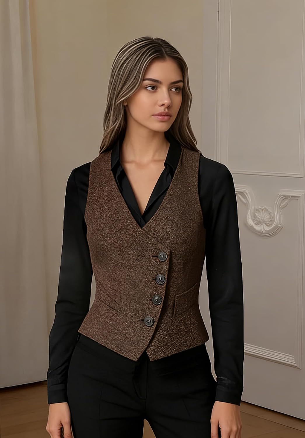 Women's Herringbone Tweed Waistcoat Slim-Fit Suit Vest