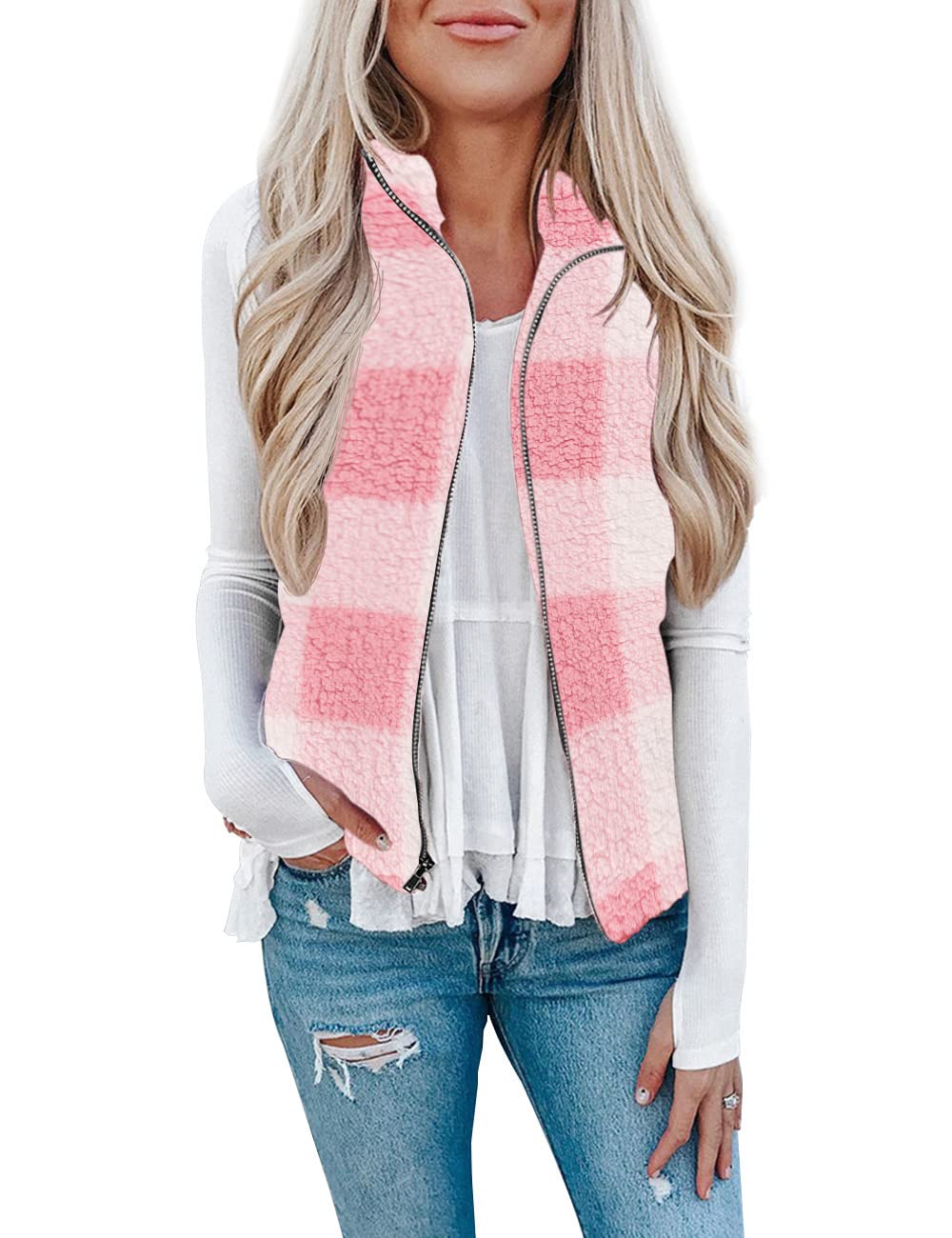 LOMON Womens Fuzzy Sherpa Fleece Jacket Lightweight Vest Cozy Sleeveless Cardigan Zipper Waistcoat Outerwear with Pocket