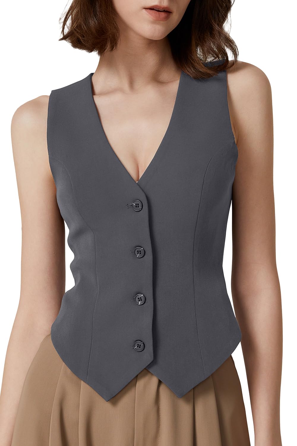 QINSEN Womens V Neck Vest Top Sleeveless Button Down Fully Lined Solid Going Out Crop Tops