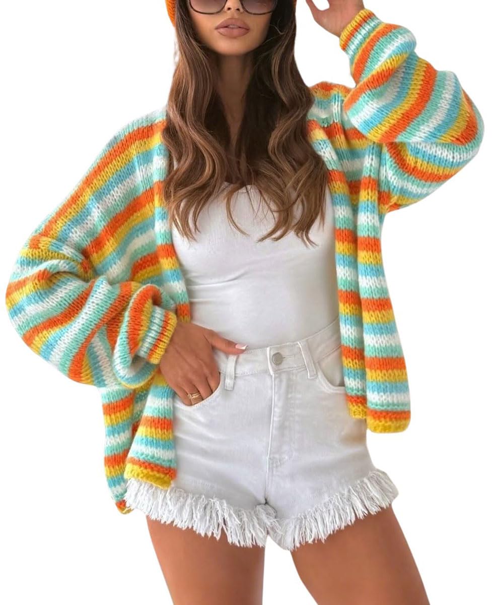 chouyatou Women's Fall Contrast Color Striped Cardigan Sweater Open Front Chunky Knit Cardigan Jacket