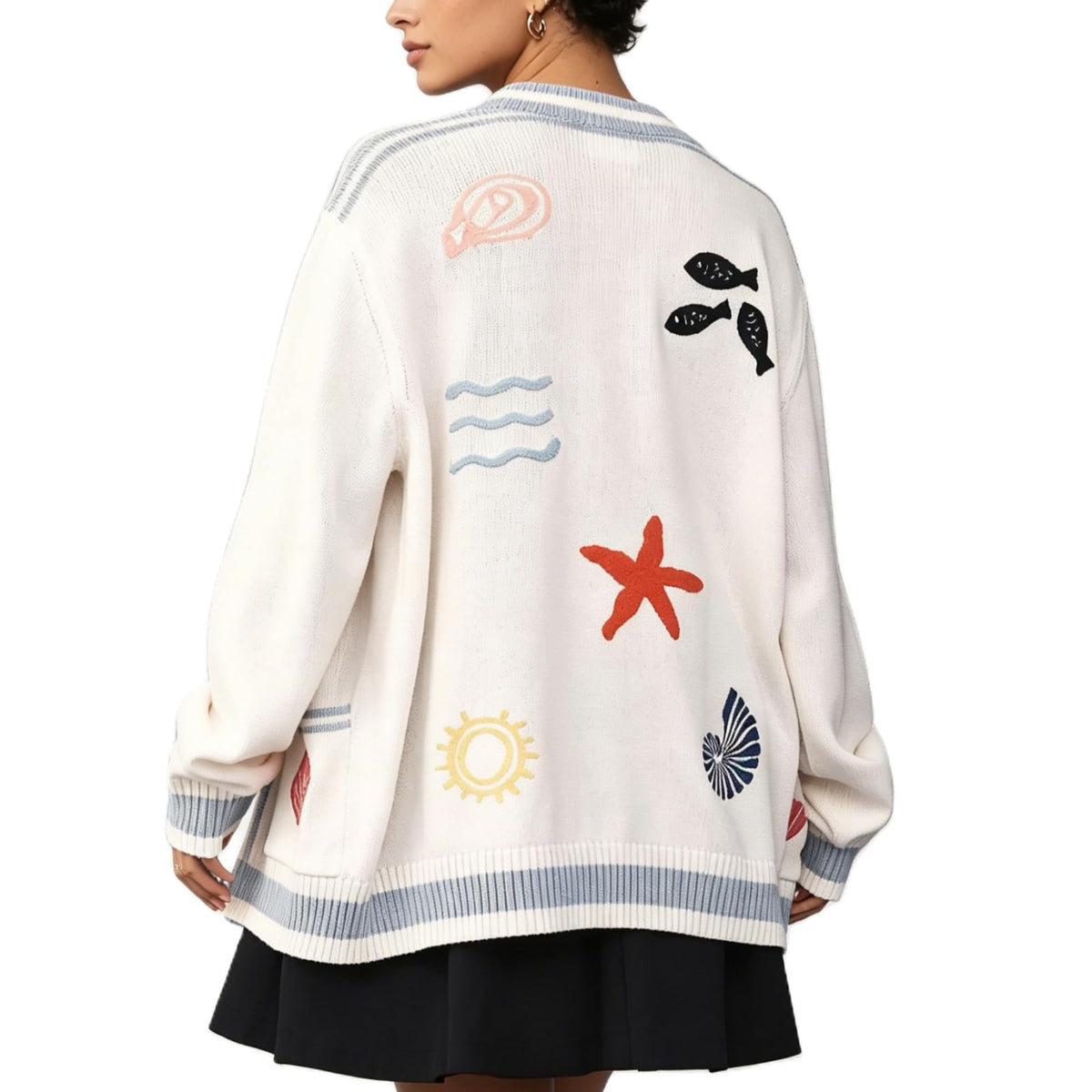 Women Graphic Knit Sweater Cardigan Long Sleeve Button Down Chunky Knitwear