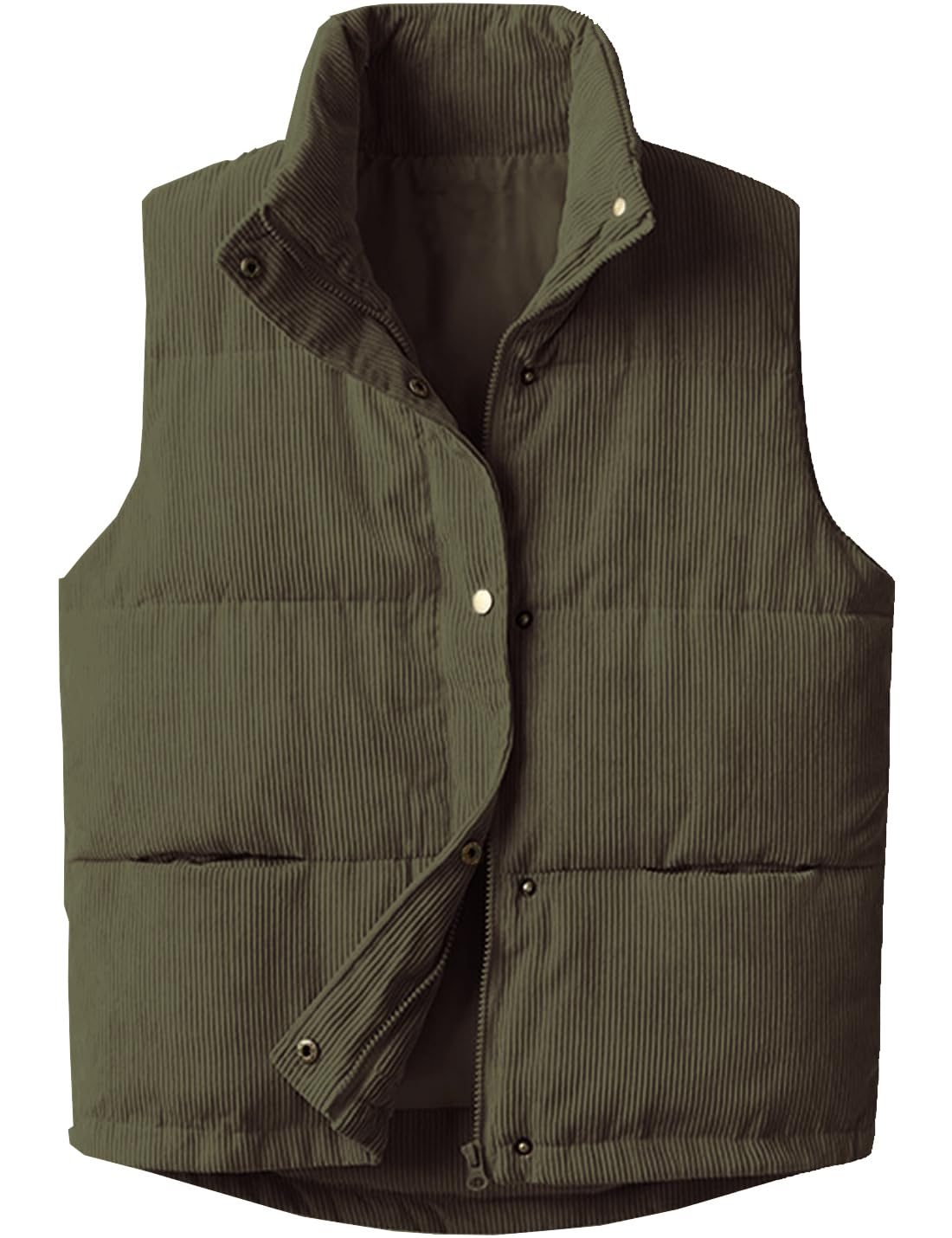 Womens Corduroy Puffer Vest Stand Collar Zip Snap Button Sleeveless Warm Waistcoat Padded Gilet