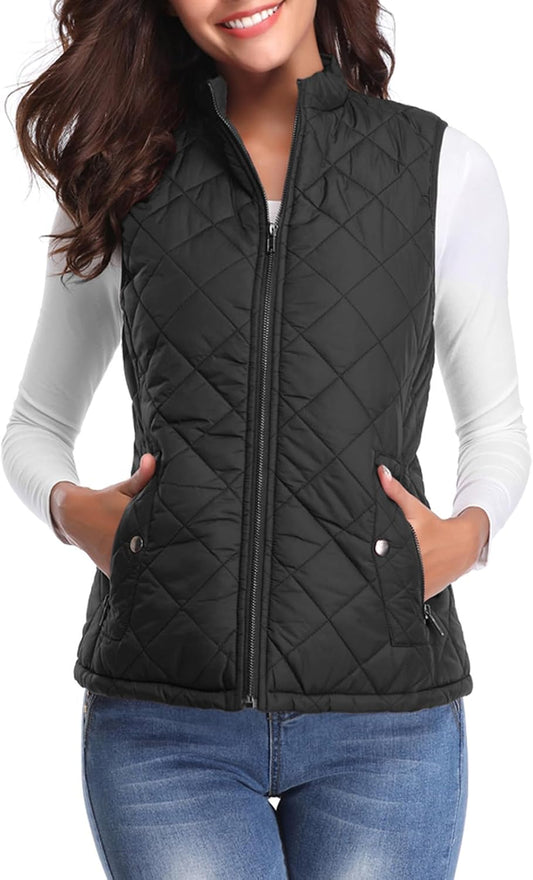 Fuinloth Women's Quilted Vest Lightweight Puffer Stand Collar Zip Gilet