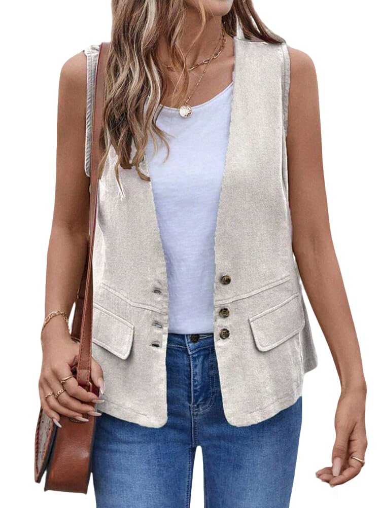 IDEALSANXUN Womens Cotton Linen Vest Casual Lightweight Button Down Sleeveless Jackets Tops