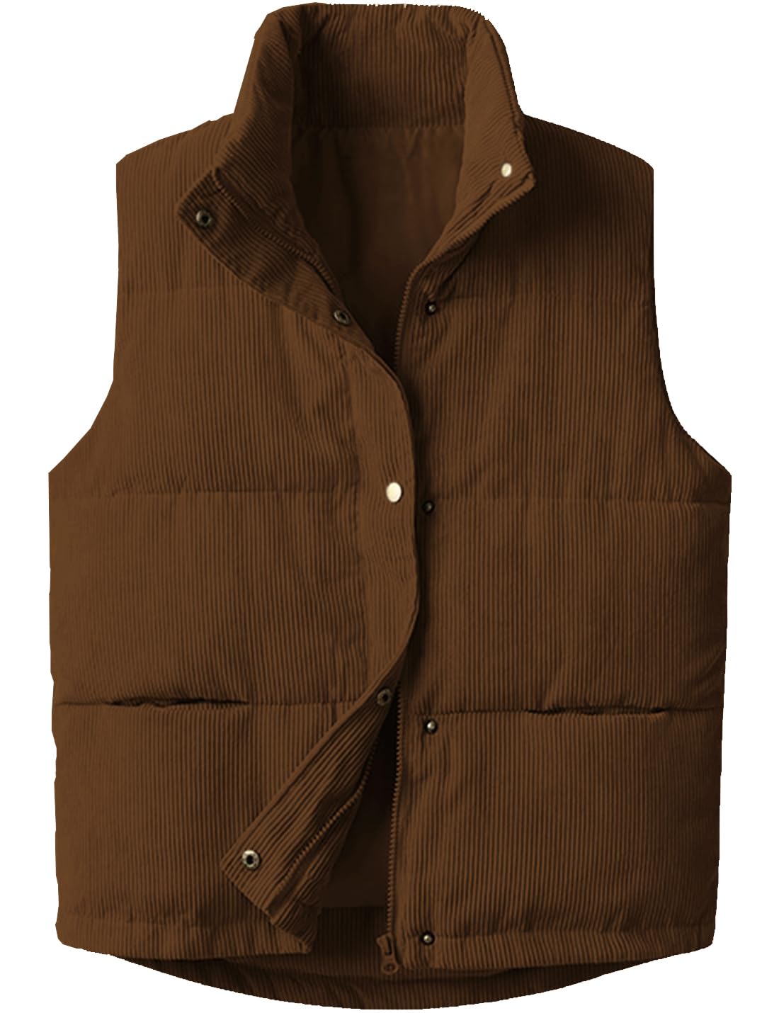 Womens Corduroy Puffer Vest Stand Collar Zip Snap Button Sleeveless Warm Waistcoat Padded Gilet