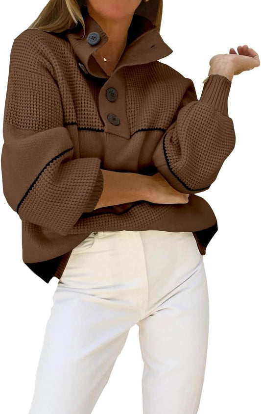 CHARTOU Women's Waffle Knit Knitwear Slouchy Striped Polo Collared Long Sleeve Pullover Sweater Tops