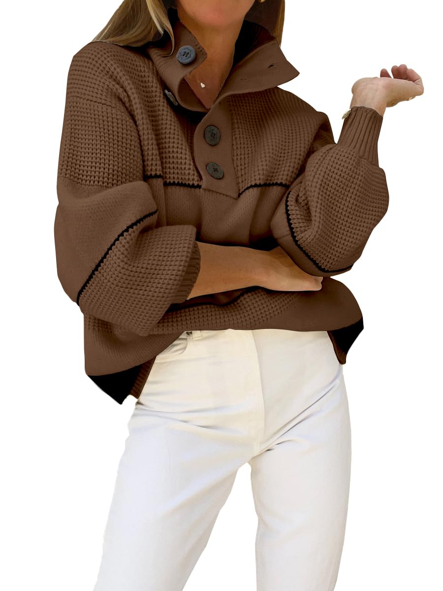 CHARTOU Women's Waffle Knit Knitwear Slouchy Striped Polo Collared Long Sleeve Pullover Sweater Tops