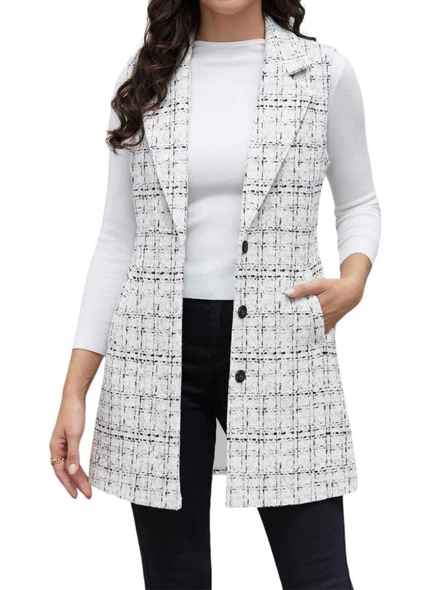 IDEALSANXUN Plaid Vest for Women Fall Winter Sleeveless Blazer Jackets
