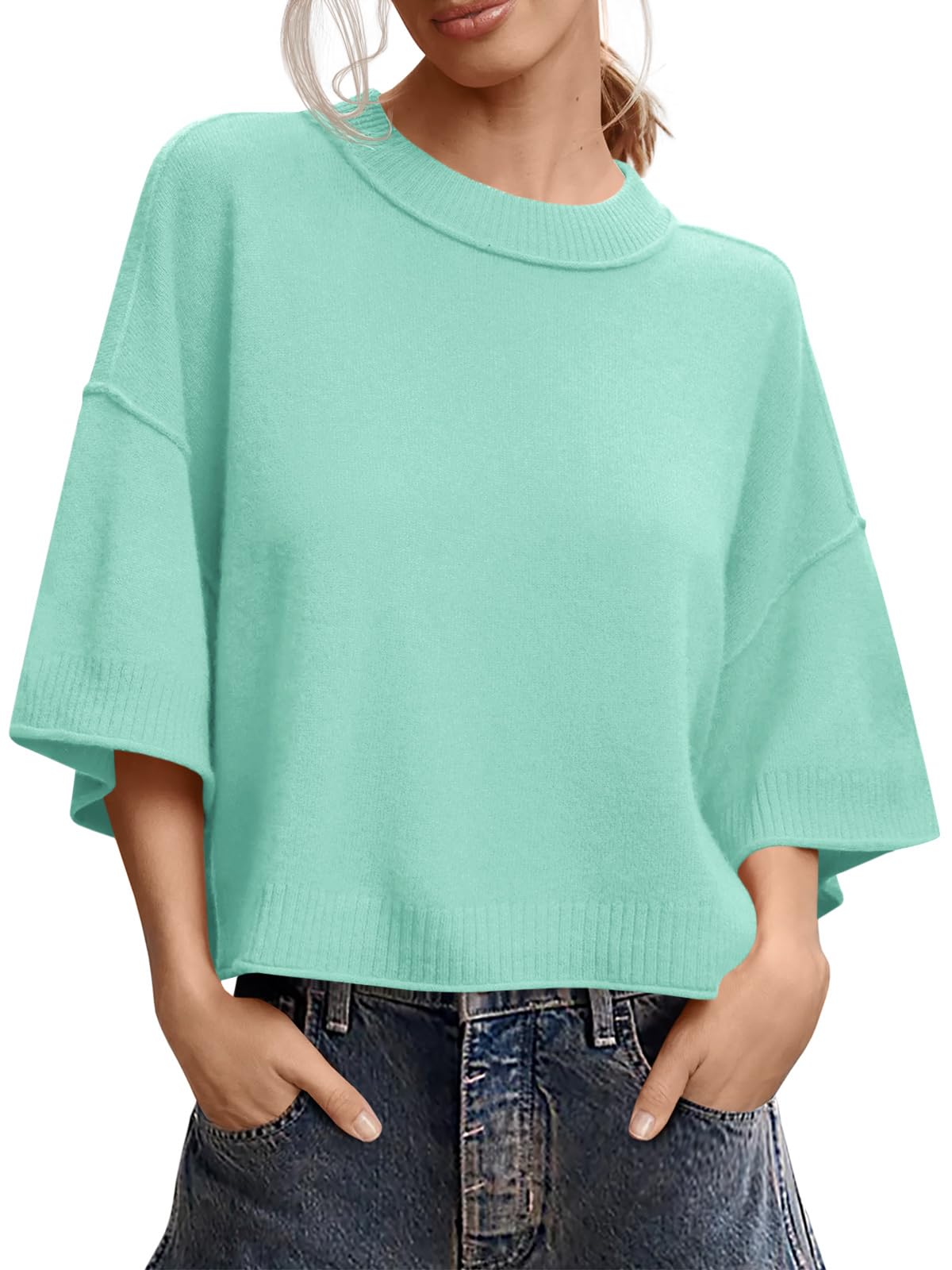 Saodimallsu Womens Short Sleeve Sweater Oversized Cropped Sweaters Knit Top