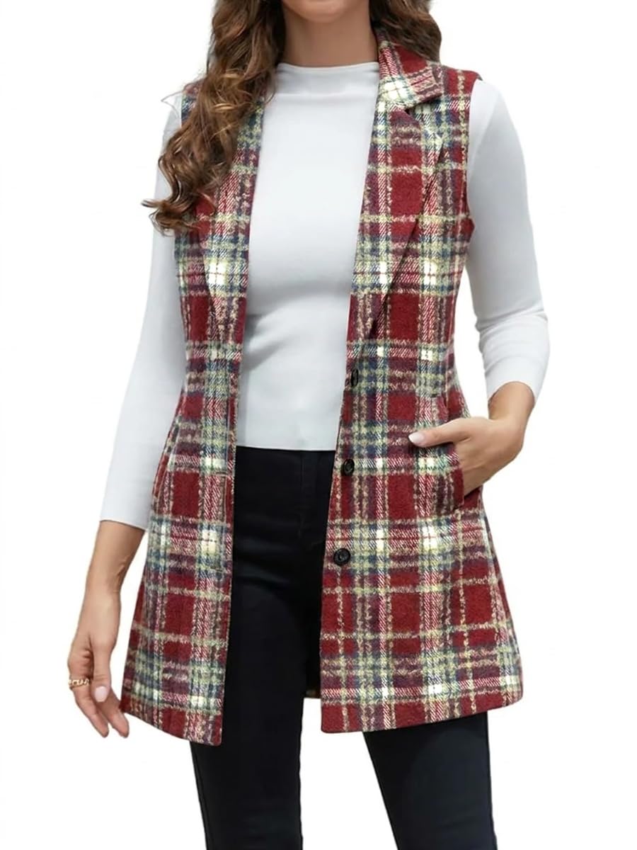 IDEALSANXUN Plaid Vest for Women Fall Winter Sleeveless Blazer Jackets