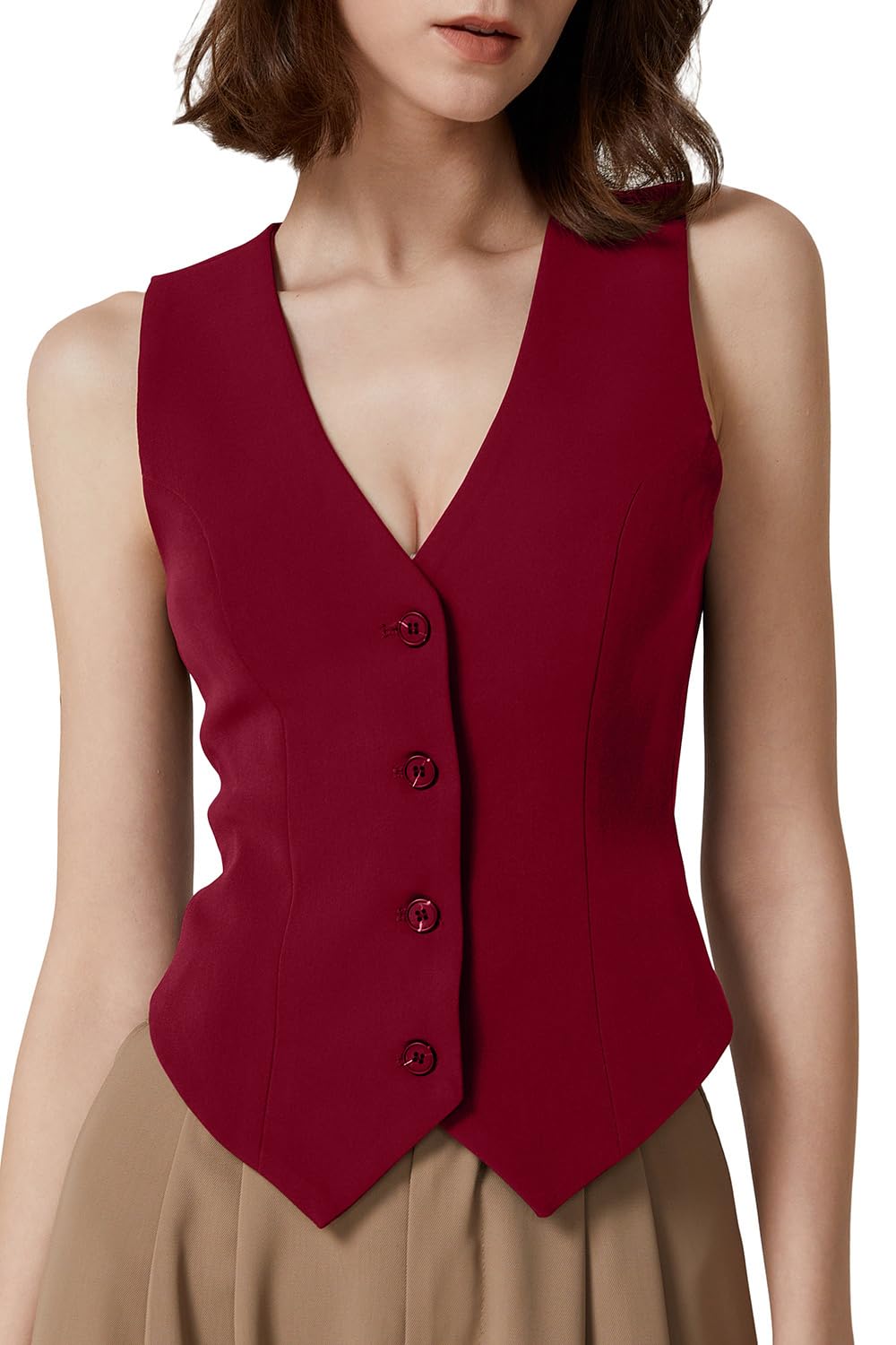 QINSEN Womens V Neck Vest Top Sleeveless Button Down Fully Lined Solid Going Out Crop Tops