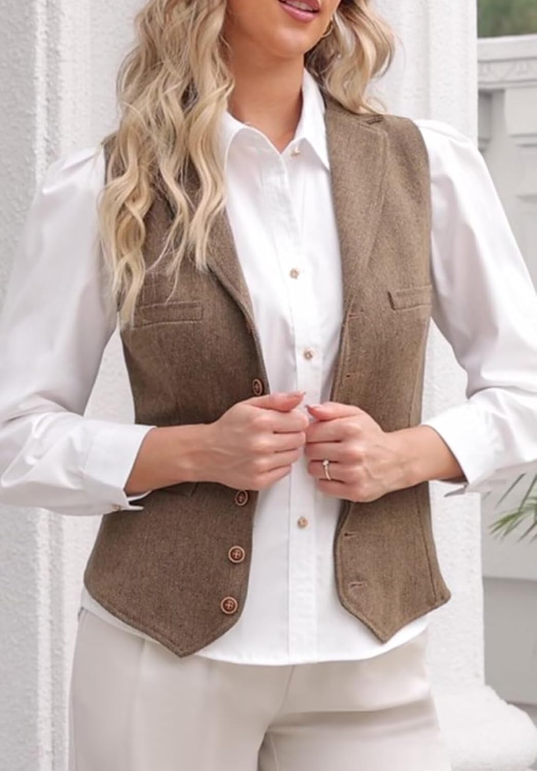 Women's Herringbone Tweed Waistcoat V-Neck Lapel Suit Vest