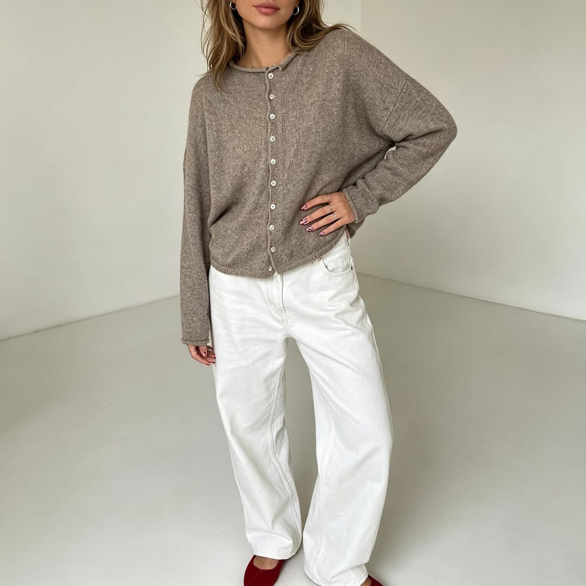 Women Knit Cardigan Sweaters Long Sleeve Button Down Loose Top