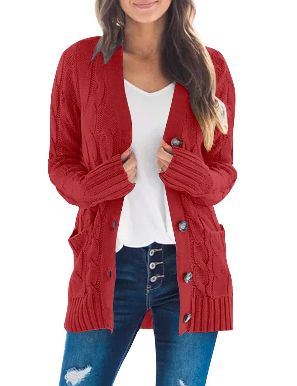 MEROKEETY Womens Fall 2026 Long Sleeve Cable Knit Cardigan Sweaters