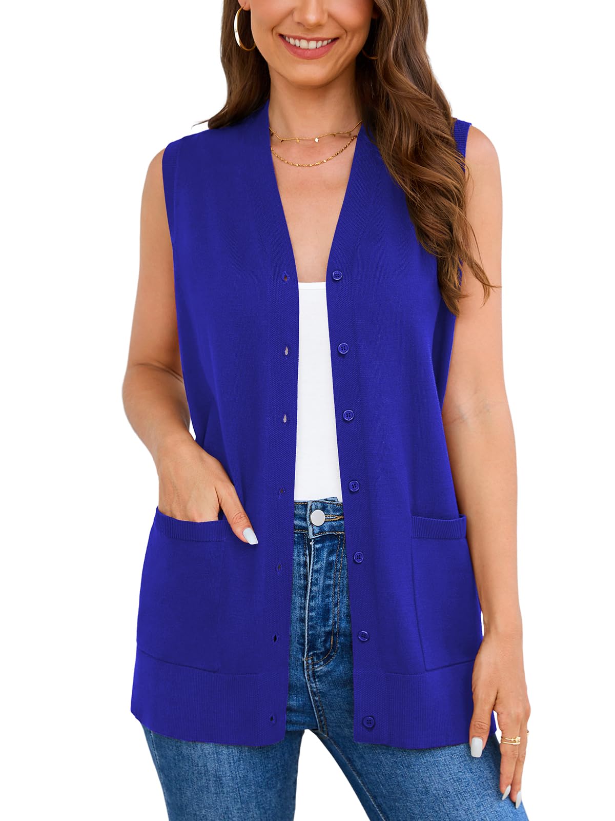 Veryoung Women's 2026 Sleeveless Button Down Cardigan Sweaters Fashion Casual Soft Knit Office Duster Vests with Cozy Pockets