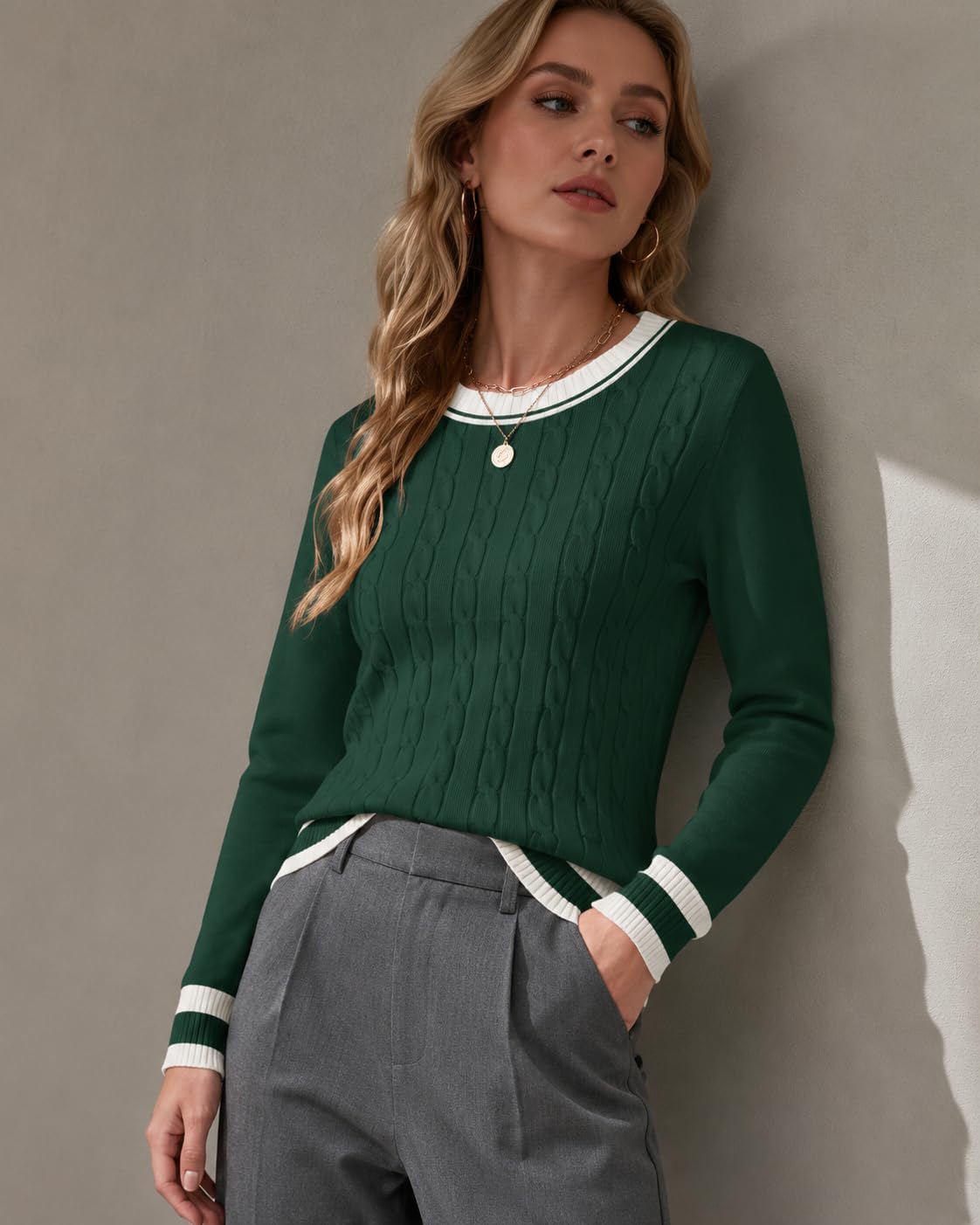 Rapbin Women's Contrast Trim Knit Sweater Long Sleeve Crew Neck Pullover