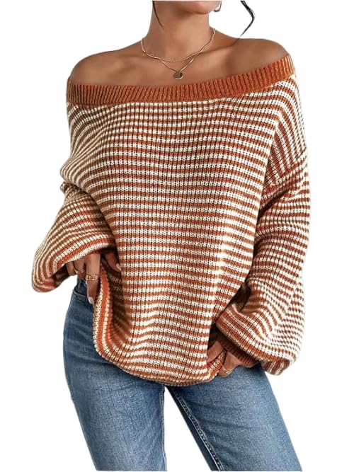 Women's Oversized Striped Sweater Casual Off The Shoulder Sweater Fall Long Sleeve Loose Knit Pullover Jumper Tops