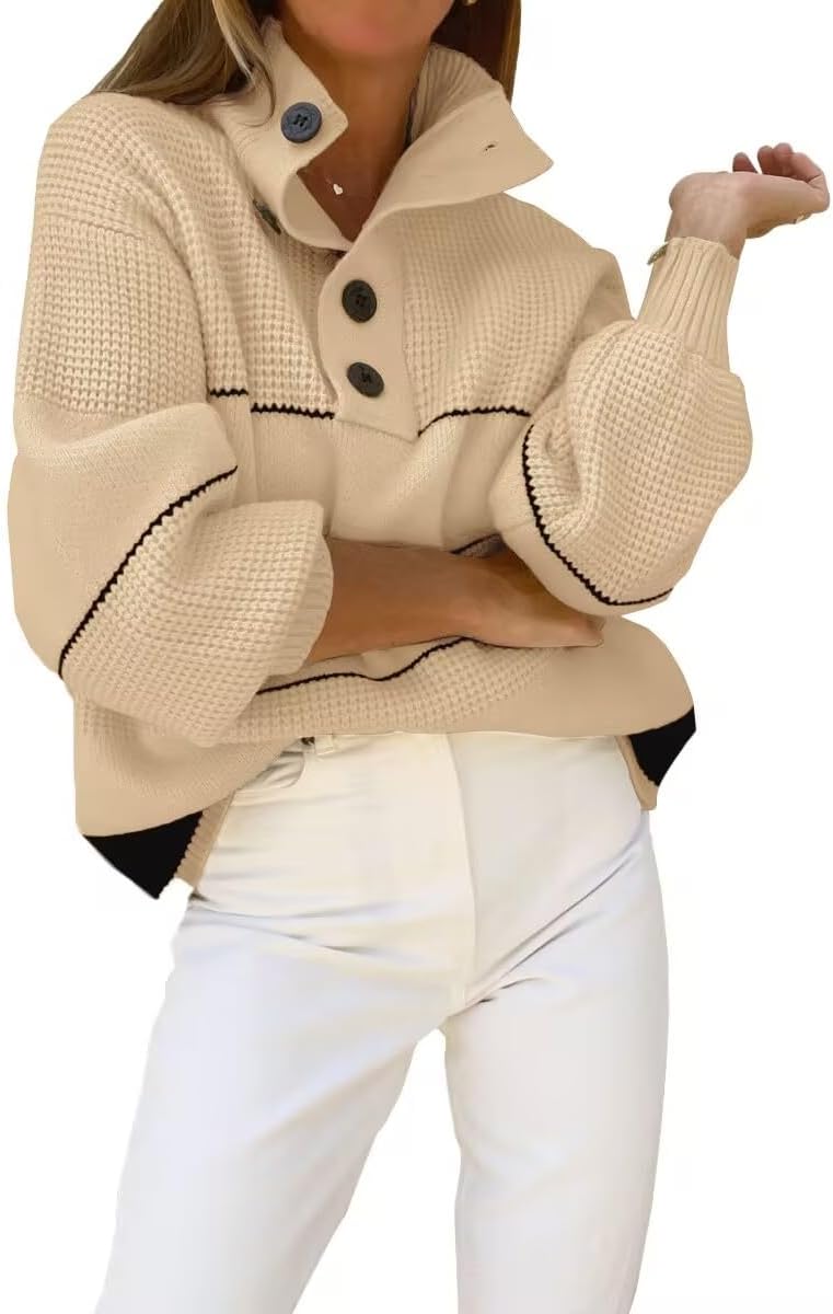 CHARTOU Women's Waffle Knit Knitwear Slouchy Striped Polo Collared Long Sleeve Pullover Sweater Tops