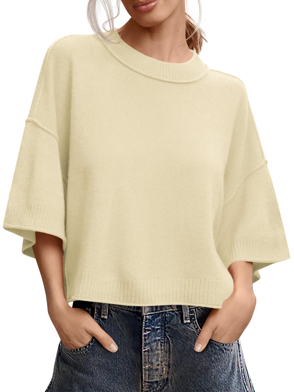 Saodimallsu Womens Short Sleeve Sweater Oversized Cropped Sweaters Knit Top