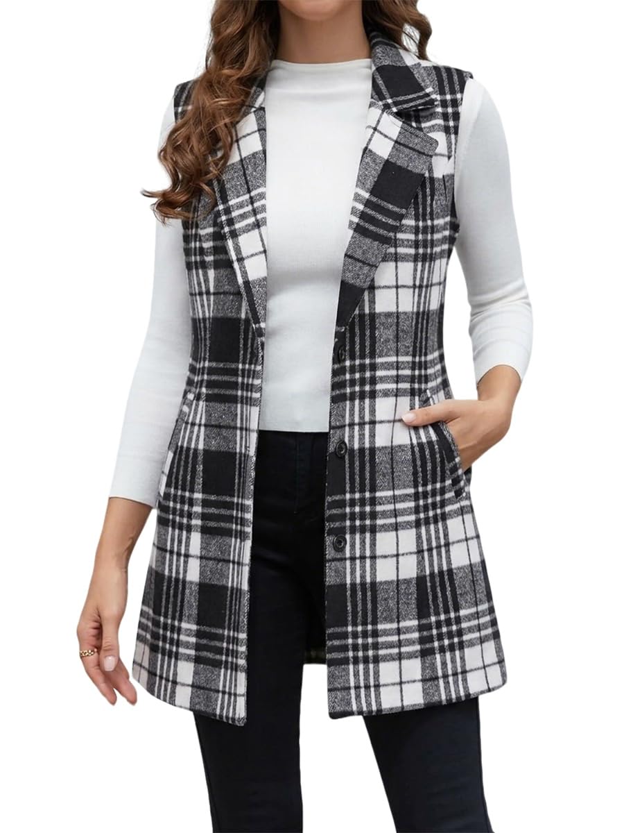 IDEALSANXUN Plaid Vest for Women Fall Winter Sleeveless Blazer Jackets
