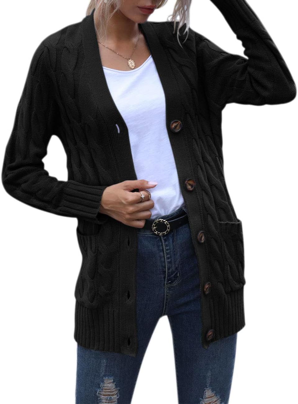 MEROKEETY Womens Fall 2026 Long Sleeve Cable Knit Cardigan Sweaters