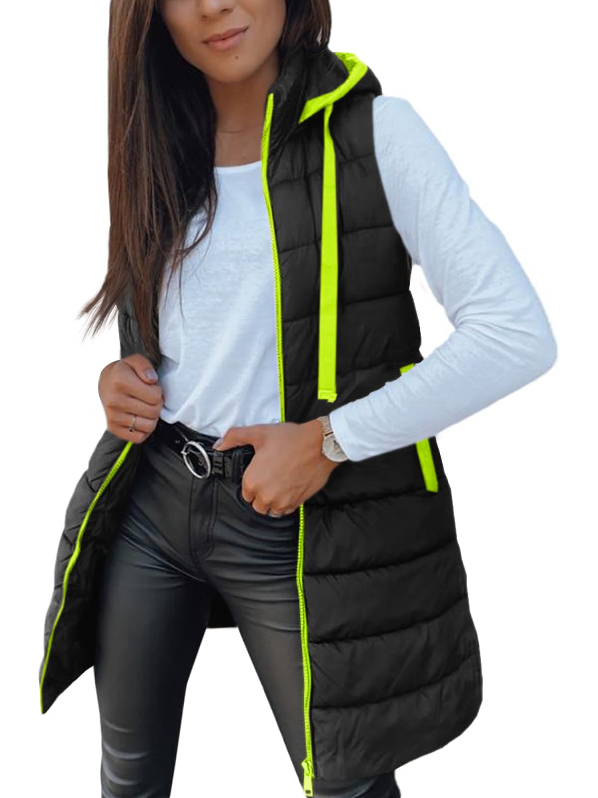 Veatzaer Women Long Vest Sleeveless Hood Winter Puffer Vest Outwear