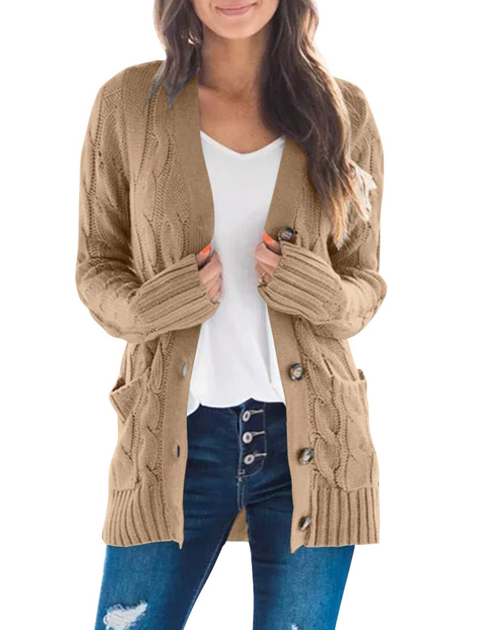 MEROKEETY Womens Fall 2026 Long Sleeve Cable Knit Cardigan Sweaters