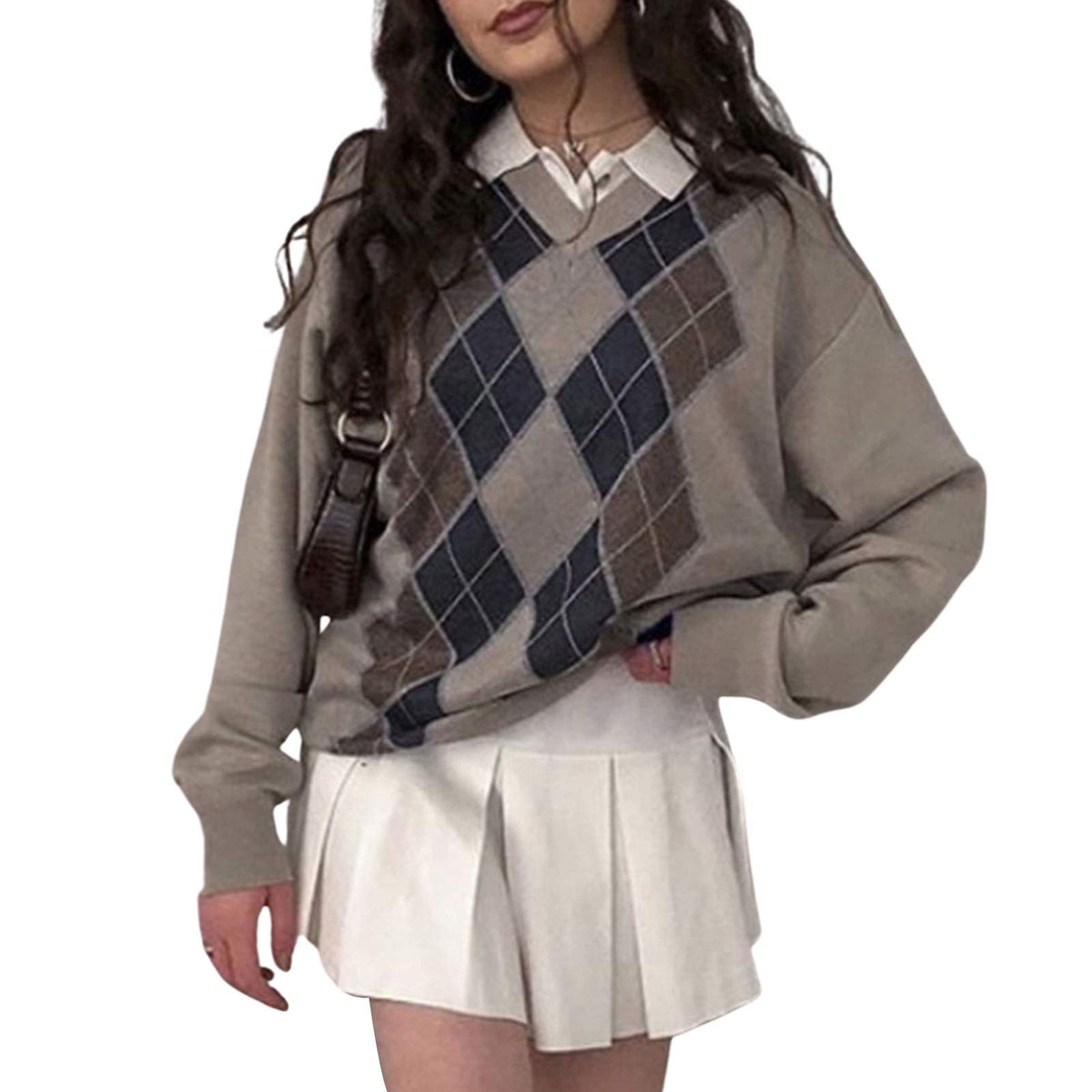 Women Y2K Argyle Striped Pullover Sweater Casual Long Sleeve Round Neck Vintage Preppy Style Pullover Knitwear