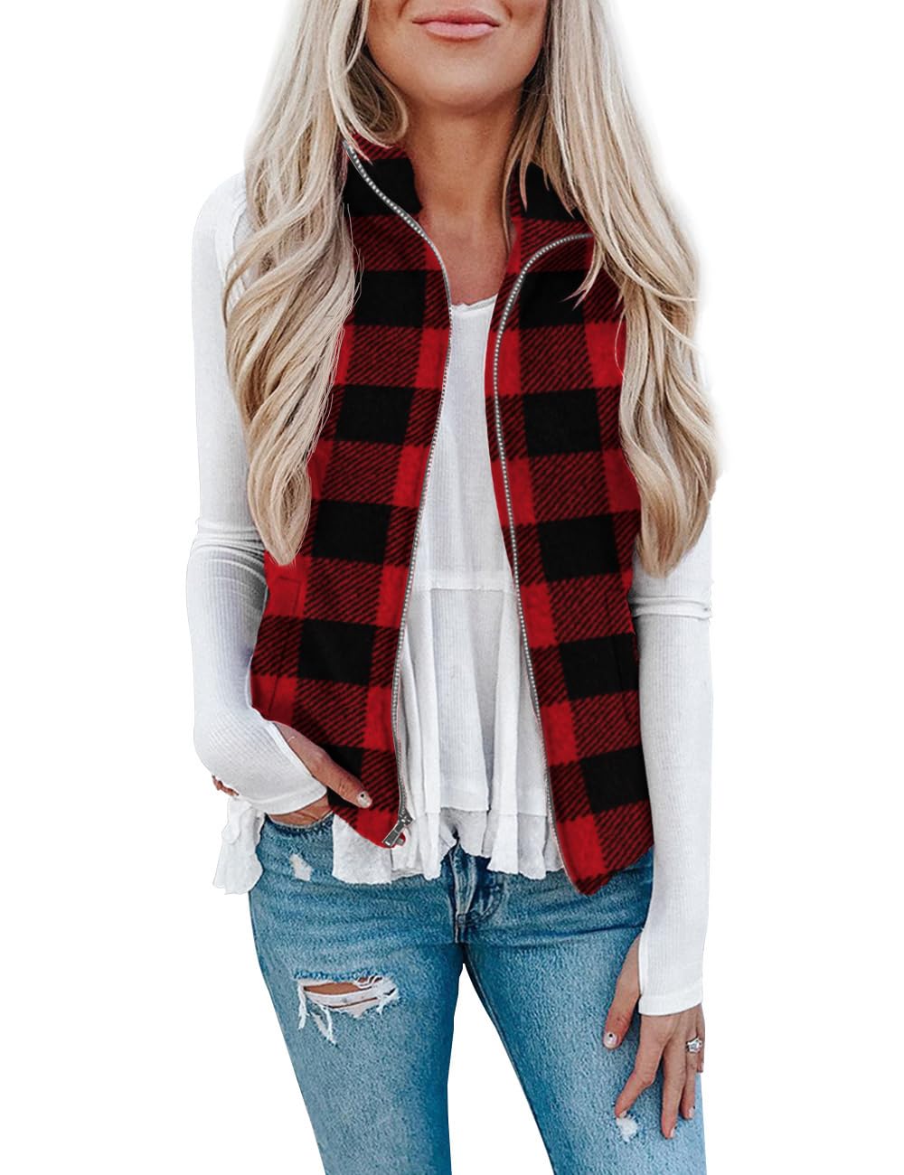 LOMON Womens Fuzzy Sherpa Fleece Jacket Lightweight Vest Cozy Sleeveless Cardigan Zipper Waistcoat Outerwear with Pocket