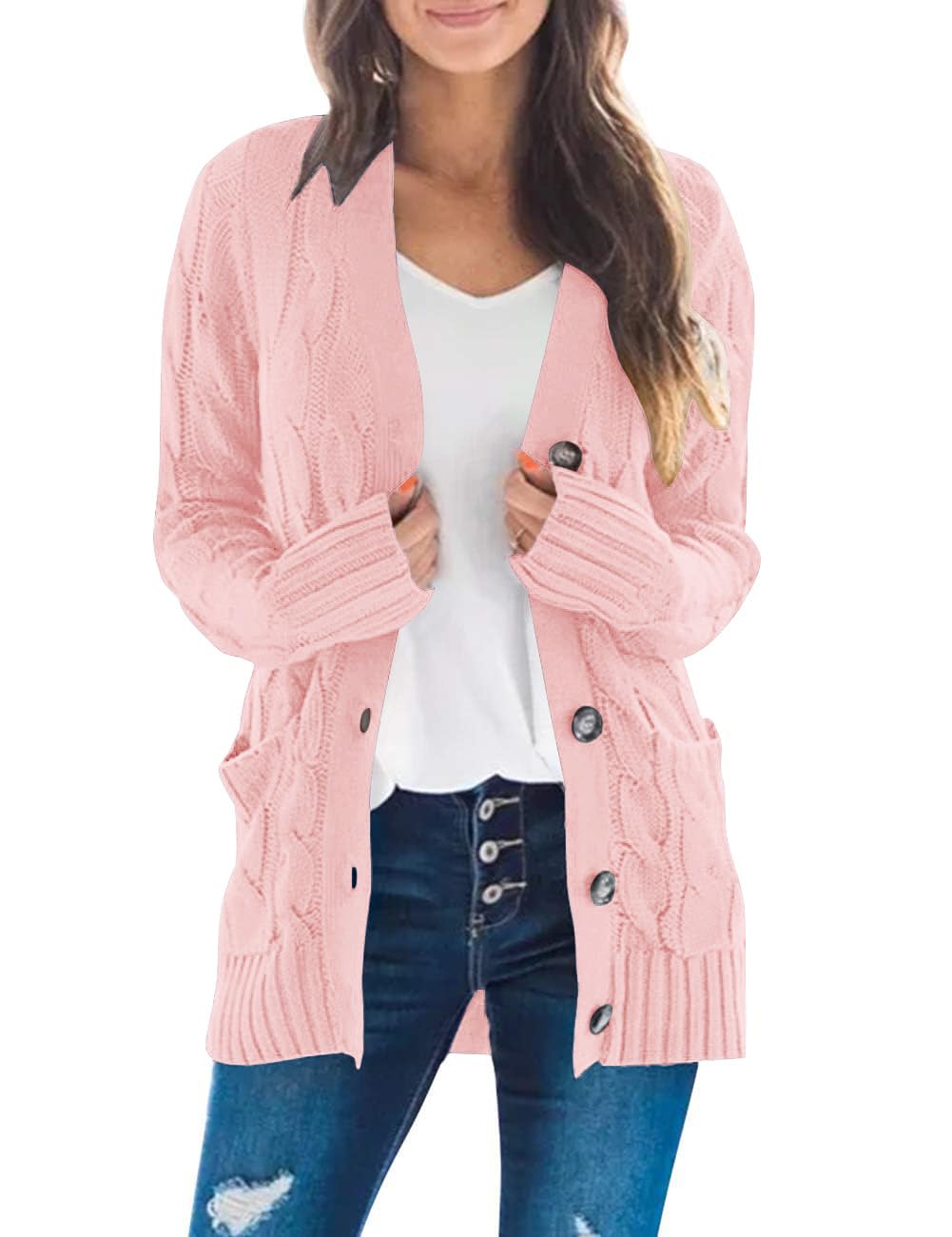 MEROKEETY Womens Fall 2026 Long Sleeve Cable Knit Cardigan Sweaters
