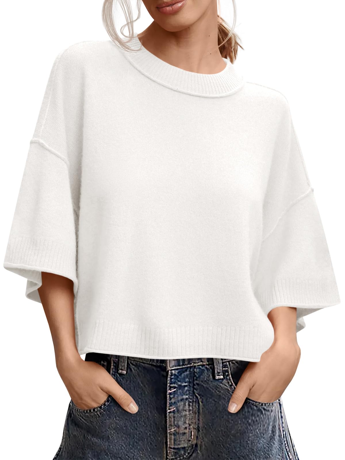 Saodimallsu Womens Short Sleeve Sweater Oversized Cropped Sweaters Knit Top