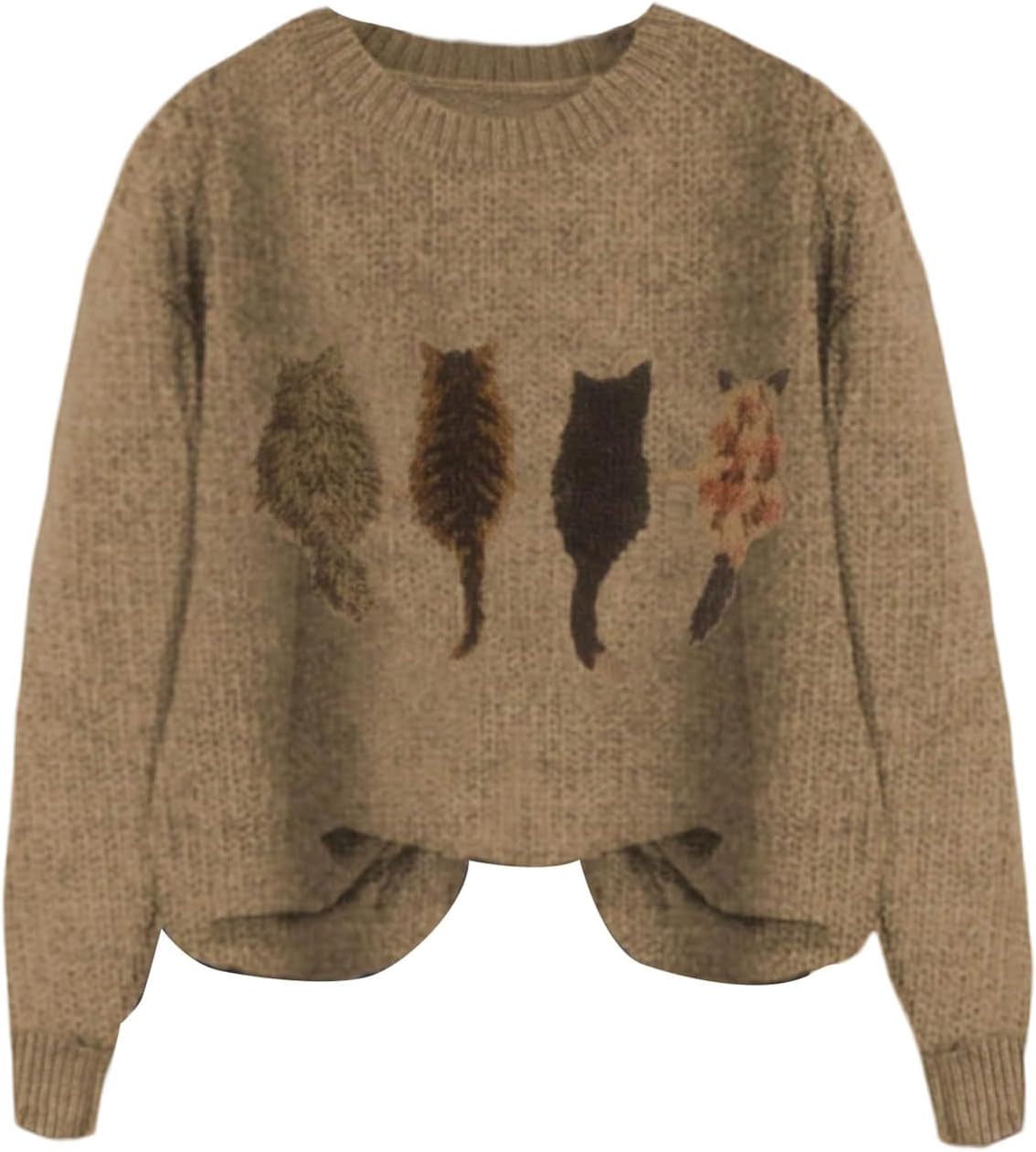 WDIRARA Women's Cat Graphic Sweater Long Sleeve Crew Neck Knit Tops